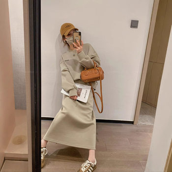 apricot Fashion Two-piece Set Women's Early Autumn 2024 New Casual Crewneck Sweat High Waist Slimming Skirt suit