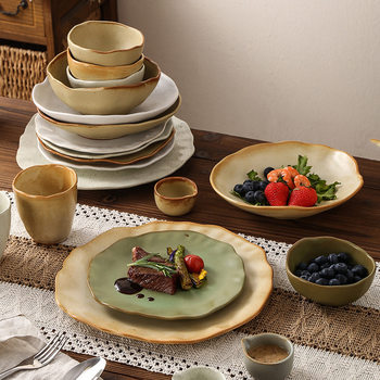 Retro-Style Stoneware High-Temperature-Resistant Tableware Household Dishes, Rice Bowls, Soup Bowls, Water Cups, Special-Shaped Kiln-Turned Dinner Plates, Creative Plate Arrangements