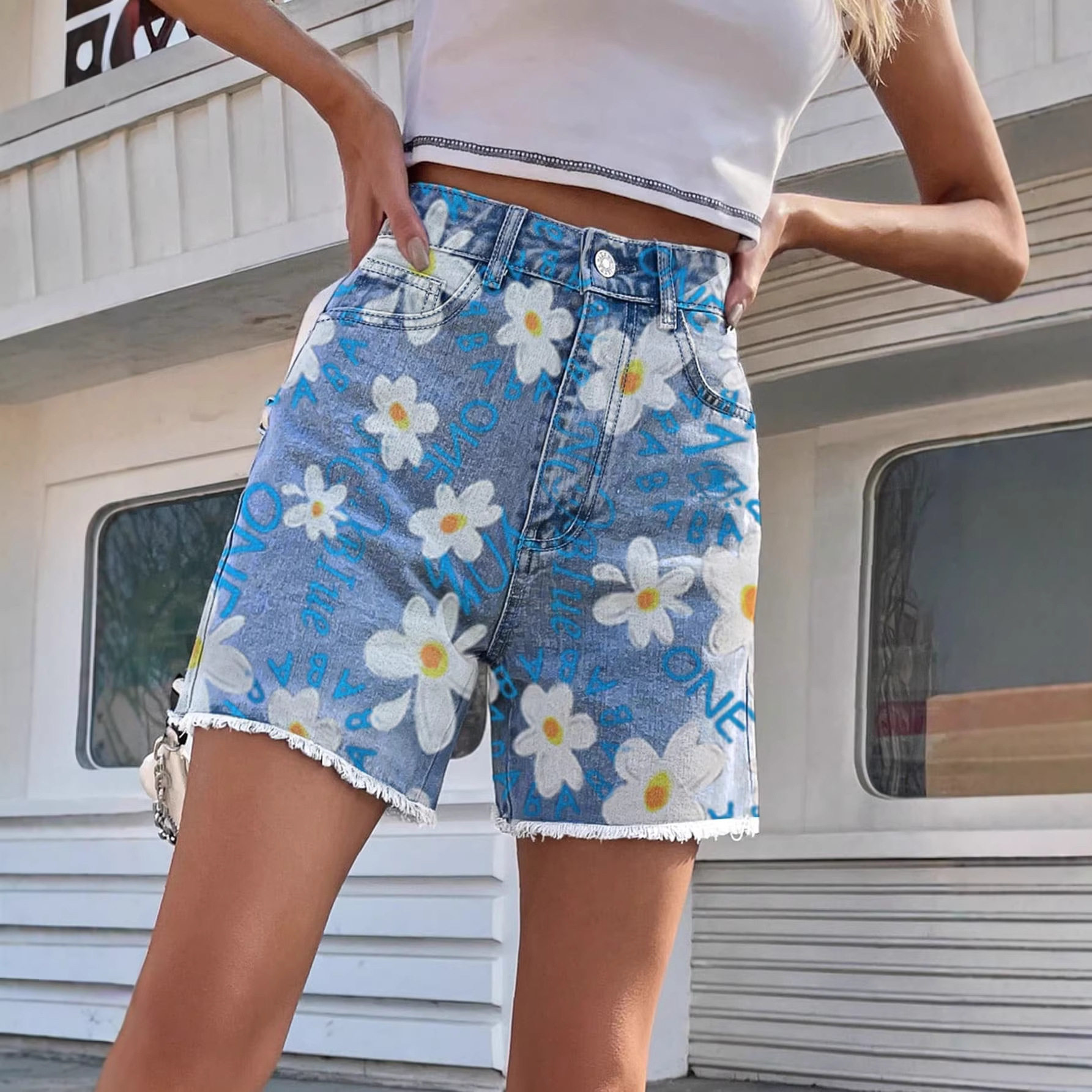 High Waisted Floral Print Wide Leg Denim Shorts Stylish Comfortable Versatile Summer Casual Wear Ready to Ship
