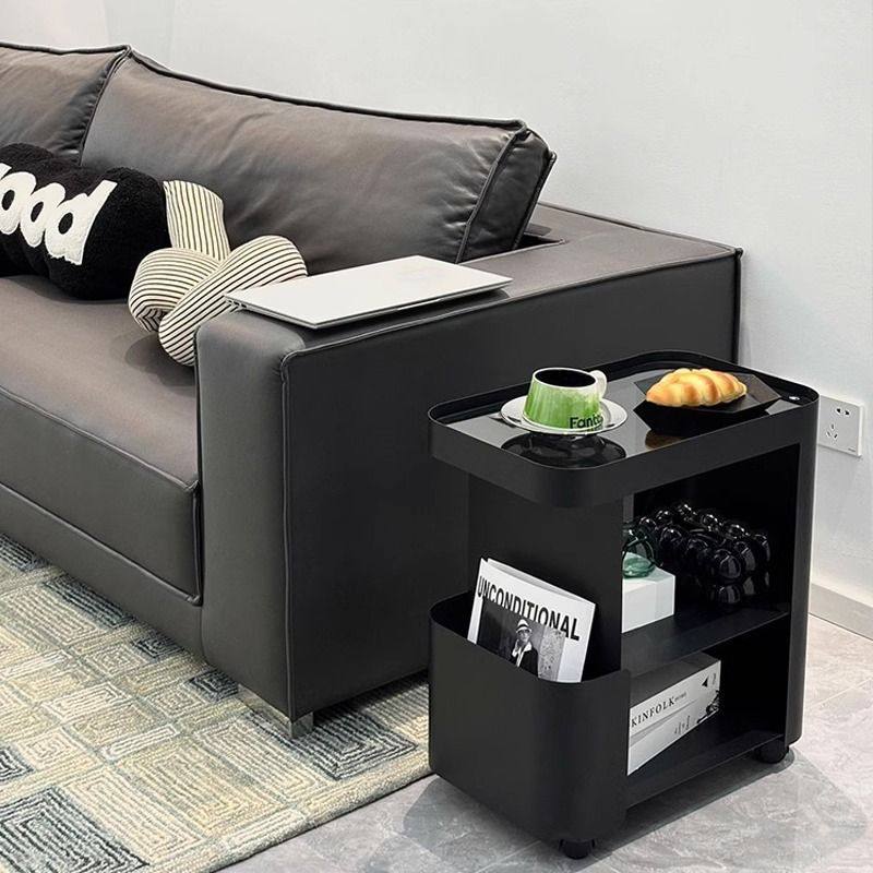 Black Sofa Side Table, Movable Small Coffee Table, Living Room Light Luxury Trolley, Wrought Iron Wheeled Glass Bedside Table, Internet Celebrity