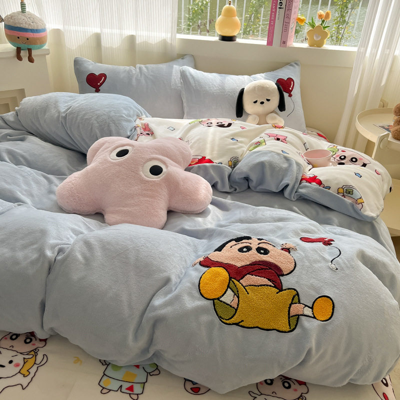 Category a Maternal and Infant Grade Milk Velvet Towel Embroidered Bed Sheetss, Fitted Bed Sheetss, Pillowcases and Quilt Covers, Autumn and Winter Bedding Four-Piece Set