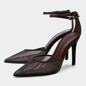Za2025 New Summer Women's Shoes Brown Mesh Slingback High-Heeled Mule Shoes Shallow Mouth Hollow One-Line Buckle Strap Sandals