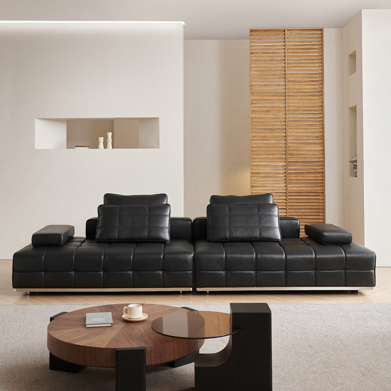 广东佛山家具劳伦斯黑色真皮沙发意式客厅直排模块头层牛皮艺沙发