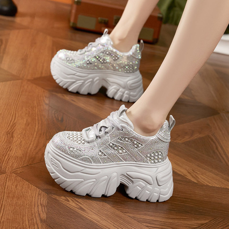 Giày cao gót nữ đế xuồng platform rhinestone lưới thoáng khí, gót siêu cao 8 cm — Bạc, Trắng, Đen