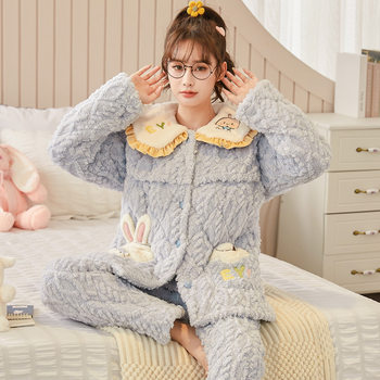 Winter Three-Layer Cotton-Padded Pregnant Women's Suit Pregnant Women's Thickened Plush Jacquard Cardigan Moon Clothes Pajamas Women's Lactation Clothes
