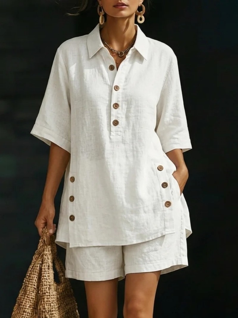 Womens Two Piece Set Short Sleeve Button Up Shirt Loose Fit Pants Solid Color Spring Summer Casual Wear Wholesale