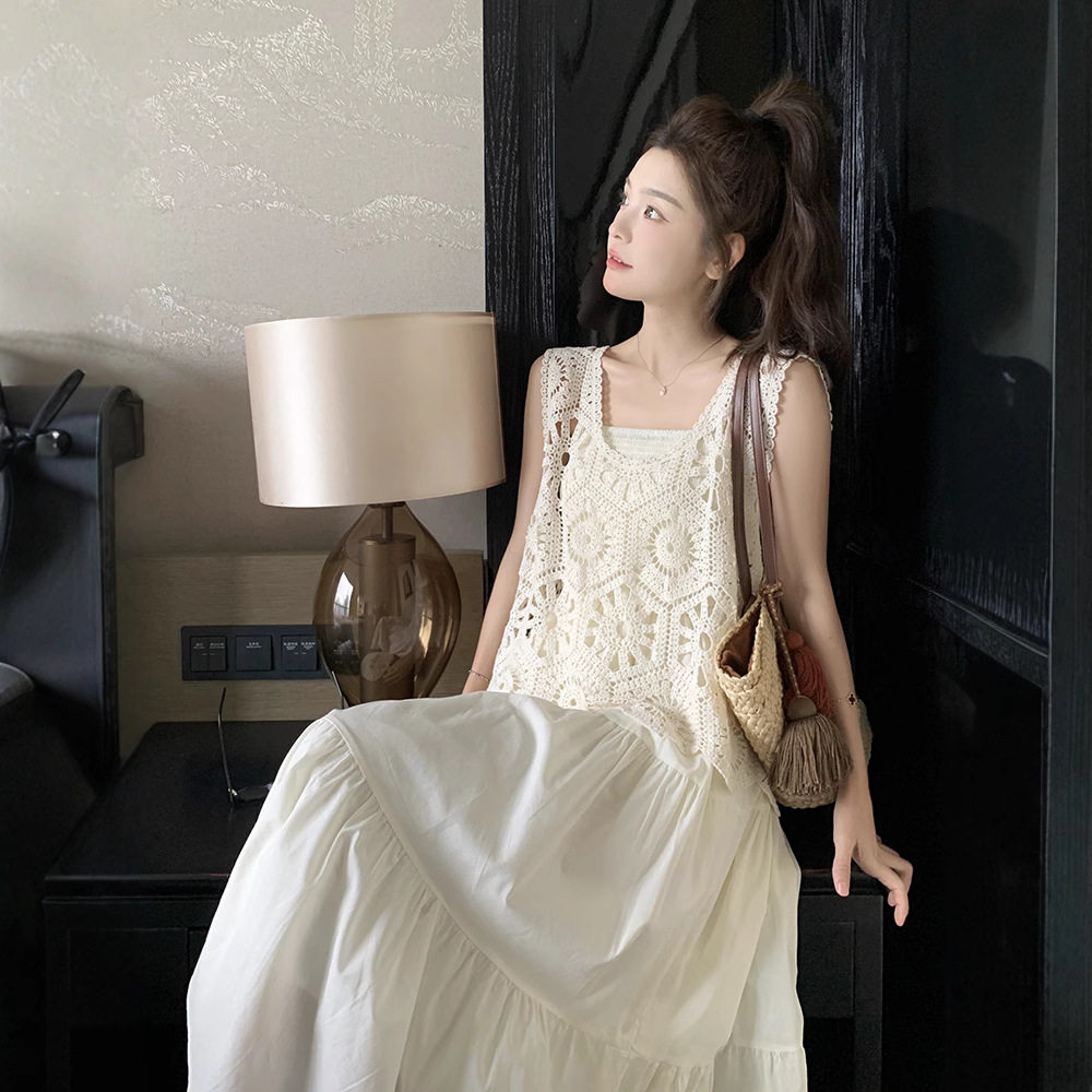 Korean Style Crocheted Cut Out Vest Vest Dress Suit for Women 2025 Summer New High-End Slimming Look and Flesh-Covering Two-Piece Set