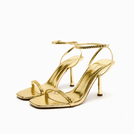 Foreign Trade ZA2023 Summer New Women's Shoes High Heel Sandals Fine Heel Metal Snake Pattern Open Toe Belt Design Sense