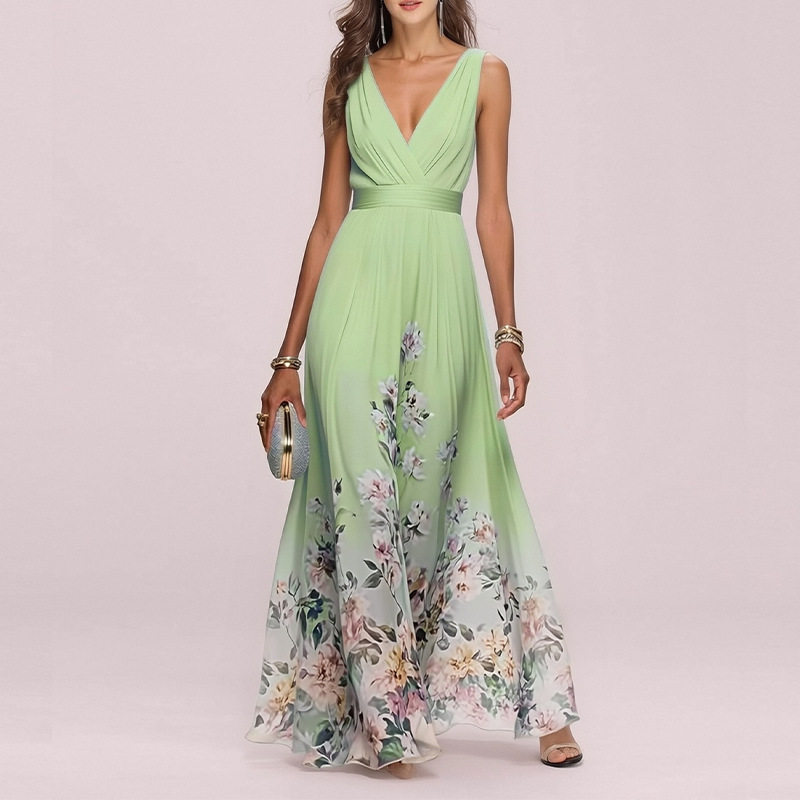 Elegant Floral V Neck Maxi Dress Summer Collection Waist Defined Comfortable Fabric Perfect for Casual or Formal