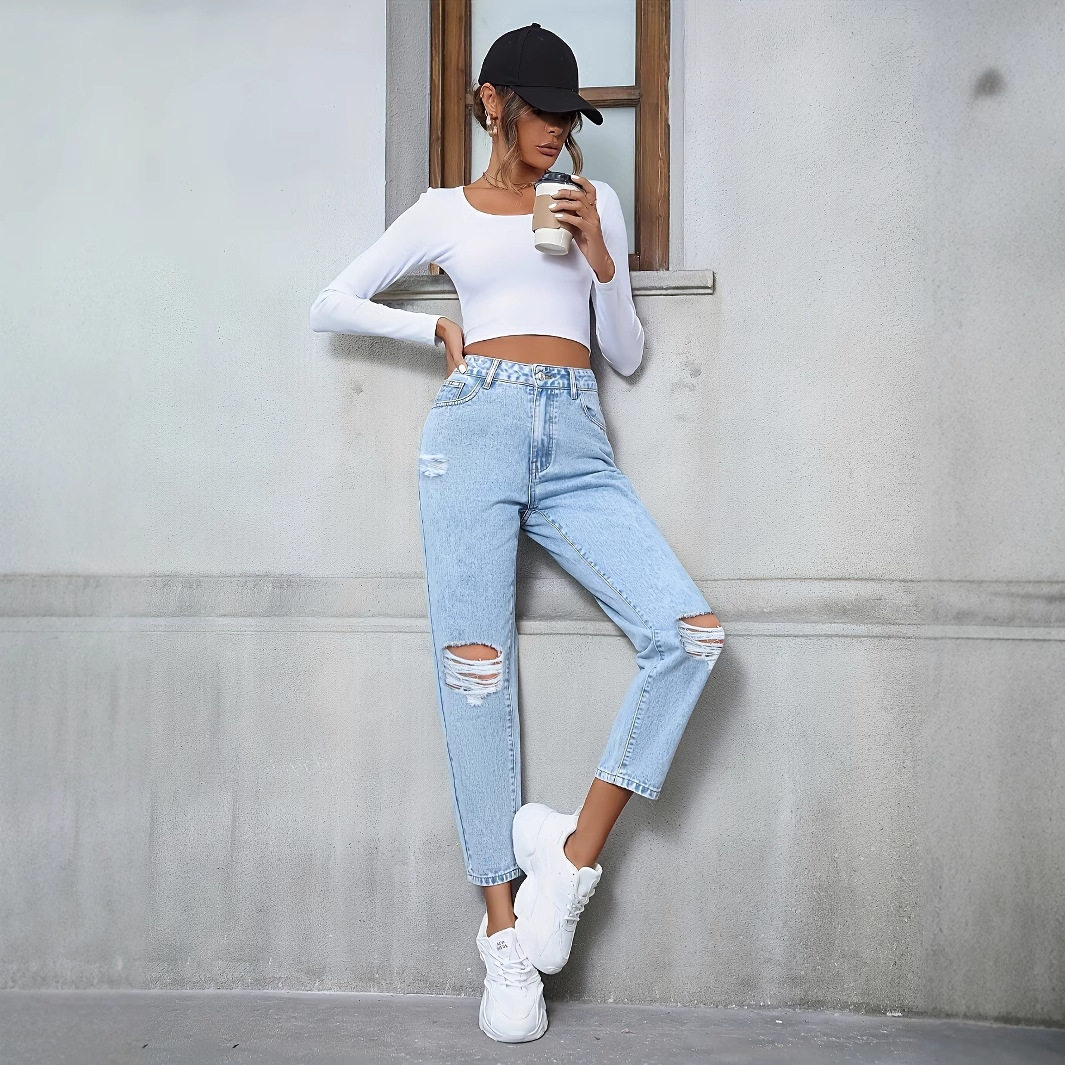 Womens Casual Loose Straight Leg Ripped Denim Jeans European and American Style Perfect for Everyday Wear Wholesale