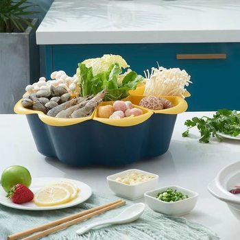 Hot Pot Platter with a Rotatable Draining Basket, Plate for Placing Vegetables, Multifunctional Compartmentalized Double-Layer Side Dish