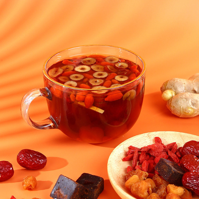 Brown Sugar Ginger Jujube Tea with Rose, Ginger Shreds, Longan, Red Dates, and Goji Berries, Goddess Complexion Tea, Black Sugar Ginger Tea Wholesale Factory for Beauty Care