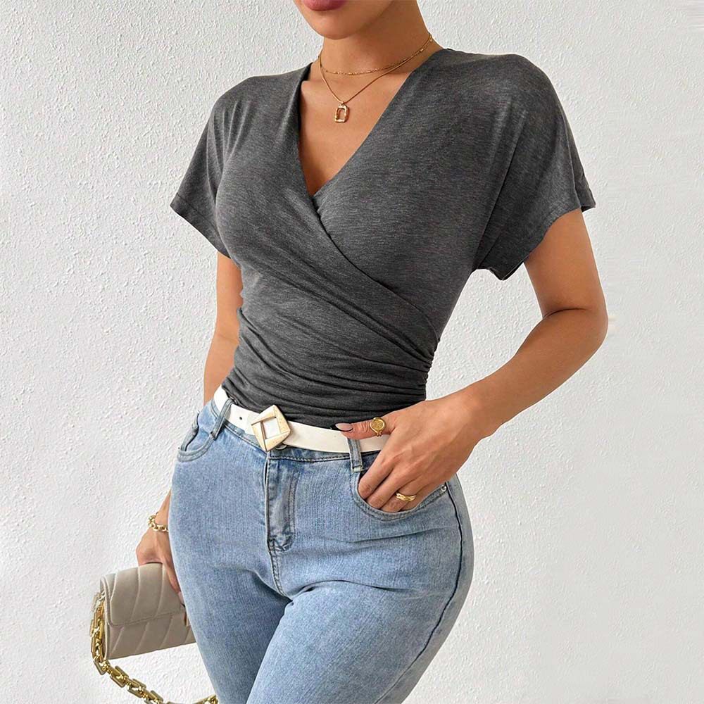 Knit Deep V Neck Top Slimming Waist Ruched Design Sexy Casual Wear for Women Wholesale Available
