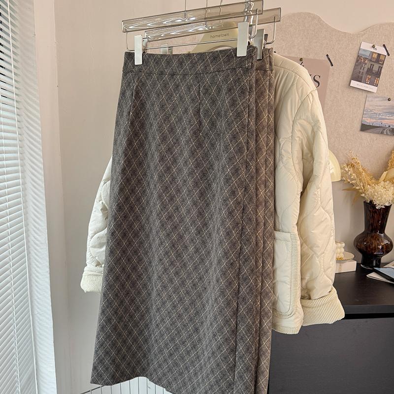 Plus Size High Waist A Line Wool Skirt Thickened Vintage Diamond Plaid Autumn Winter Fashion Wholesale Available