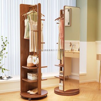 Full-Length Mirror Floor Mirror for Home Use, Rotatable Solid Wood Dressing Mirror with Hanging Rack and Storage Shelf, Integrated Bedroom Fitting Mirror