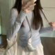Light Blue Curled Long-Sleeved T-Shirt for Women 2025 Spring New Sun Protection Blouse Korean Summer Thin Bottoming Top