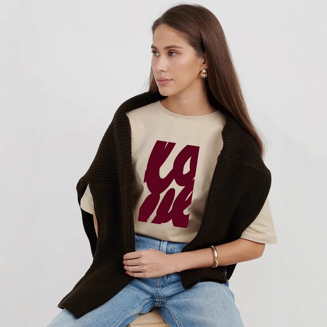 Womens Casual Loose Fit Cotton T Shirt Summer Short Sleeve Round Neck Simple Letter Print Versatile Everyday Wear