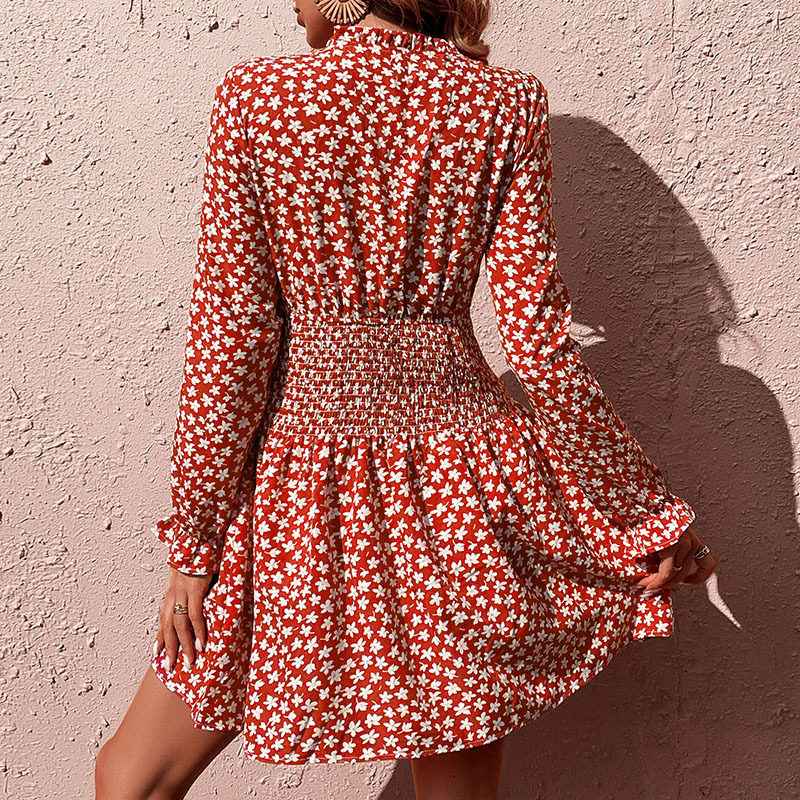Floral Print Long Sleeve Dress Elastic Waist Casual Style Spring and Autumn Wear Wholesale Available