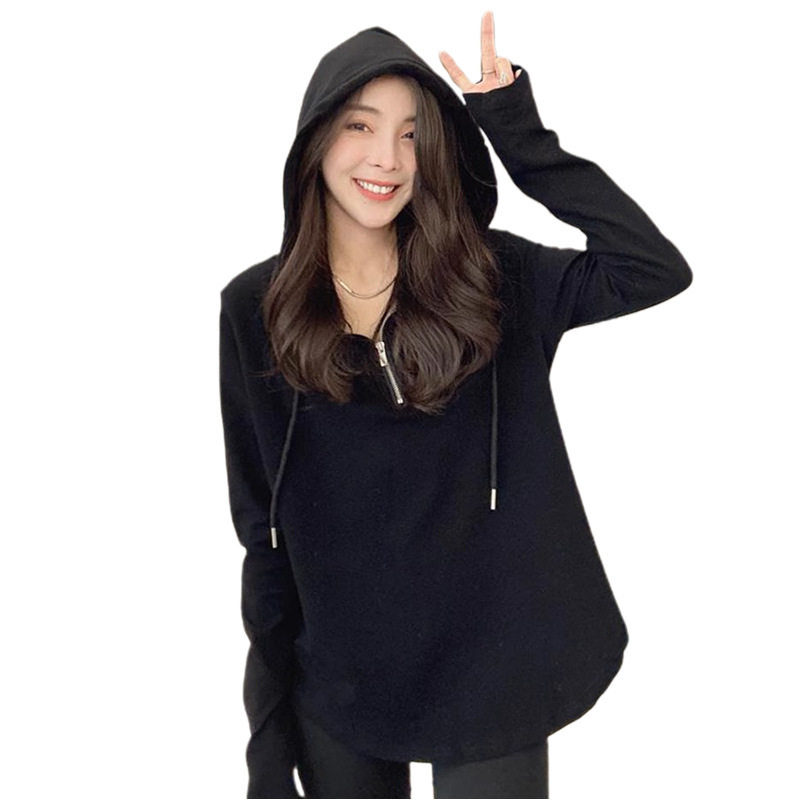 Maternity clothes cotton shoulder long-sleeved T-shirt Women's Spring and Autumn Mid-length plus size niche top zipper hooded bottoming shirt
