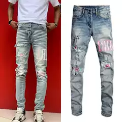 High-End Am Foreign Trade Style Punk Retro Blue Ripped Slim-Fit Stretch Printed and Dyed Skinny Men's Jeans