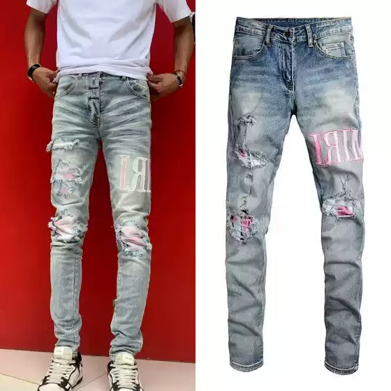 High-End Am Foreign Trade Style Punk Retro Blue Ripped Slim-Fit Stretch Printed and Dyed Skinny Men's Jeans