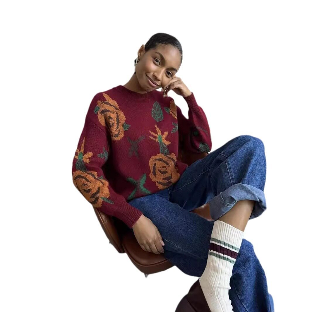 Womens Loose Fit Round Neck Sweater Soft Knit Floral Pattern Cozy Fabric Autumn Winter Fashion Wholesale Available