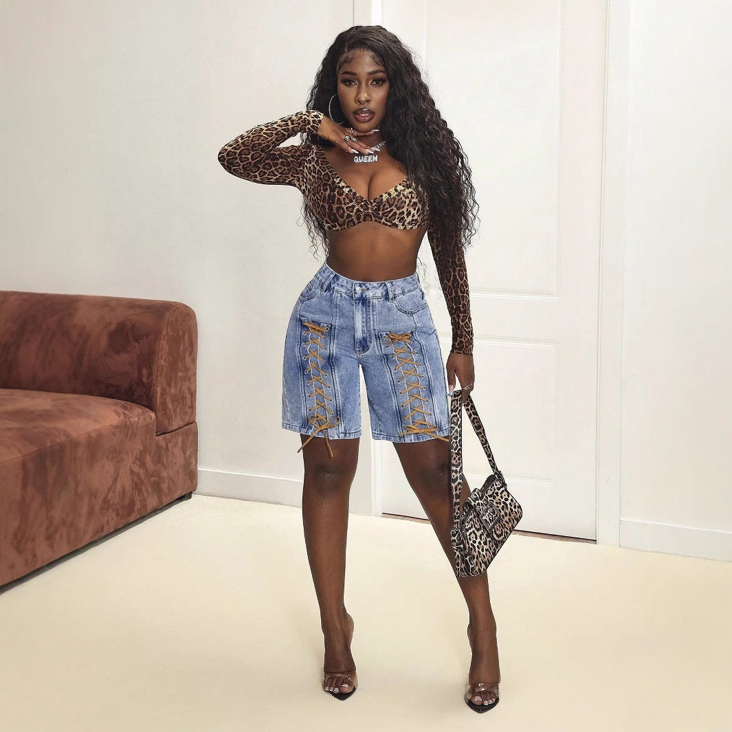 High Waisted Denim Shorts Slim Fit Versatile Lace Up Design Casual Summer Wear Wholesale Available