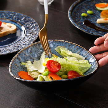 Cross-Border 2025 New Ceramic Salad Bowl Flat Plate Round Hotel Wholesale Steak Plate Straw Hat Dish Commercial Dish