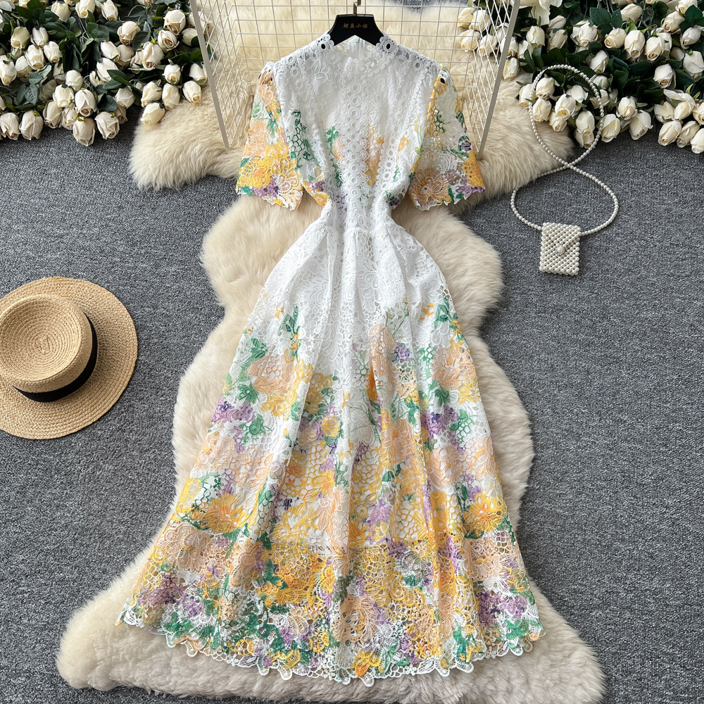 French Vintage Elegant Lace Dress High Quality Hollow Out Slim Fit Long Length Perfect for Formal Events Wholesale