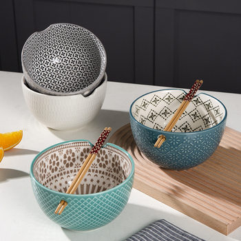 Wholesale 6-inch Japanese ceramic bowl household underglaze tableware creative chopsticks embossed personalized eating bowl noodle bowl