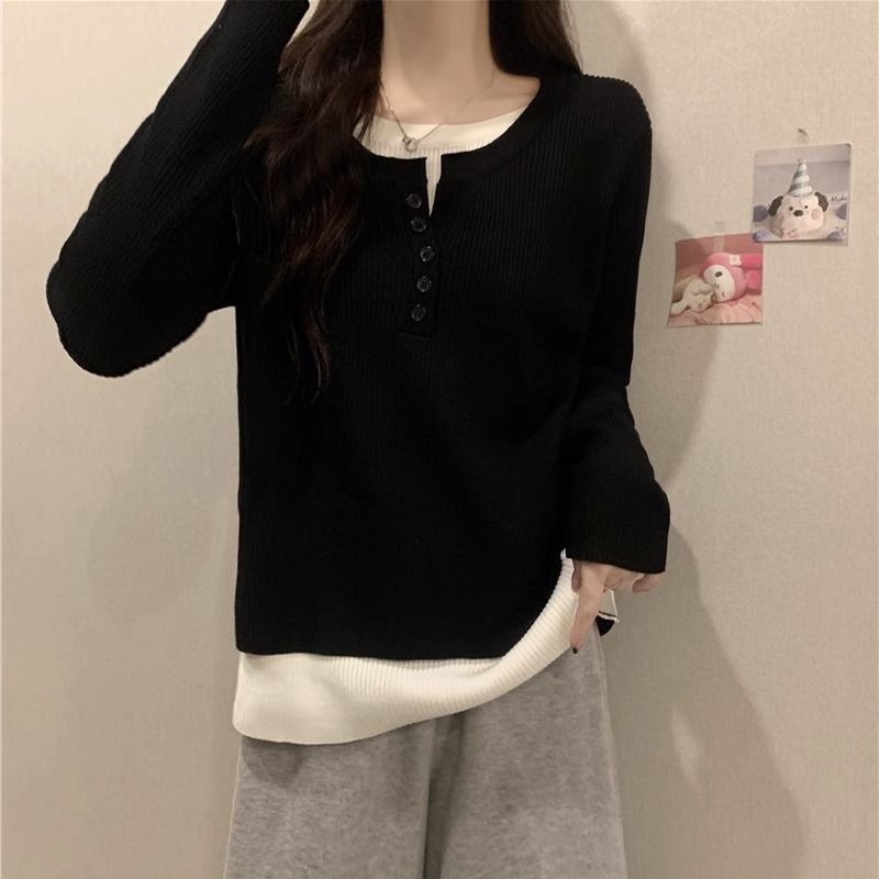 Gray Knit Two Piece Style Top for Women Loose Fit Long Sleeve Casual Layering Shirt Fall Winter Collection Wholesale