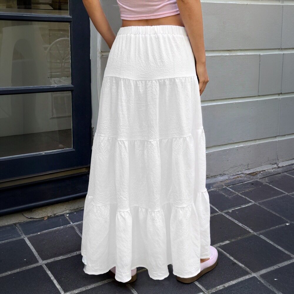 White Ruffled Drawstring Maxi Skirt Sweet Style Flowy Design Summer Wear Wholesale Womens Fashion Apparel