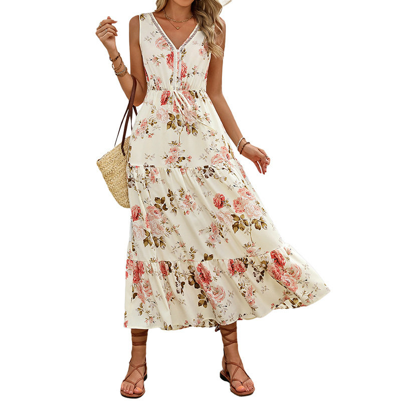 Elegant Floral Print Dress Summer Style Lace Trim European and American Design Wholesale Available