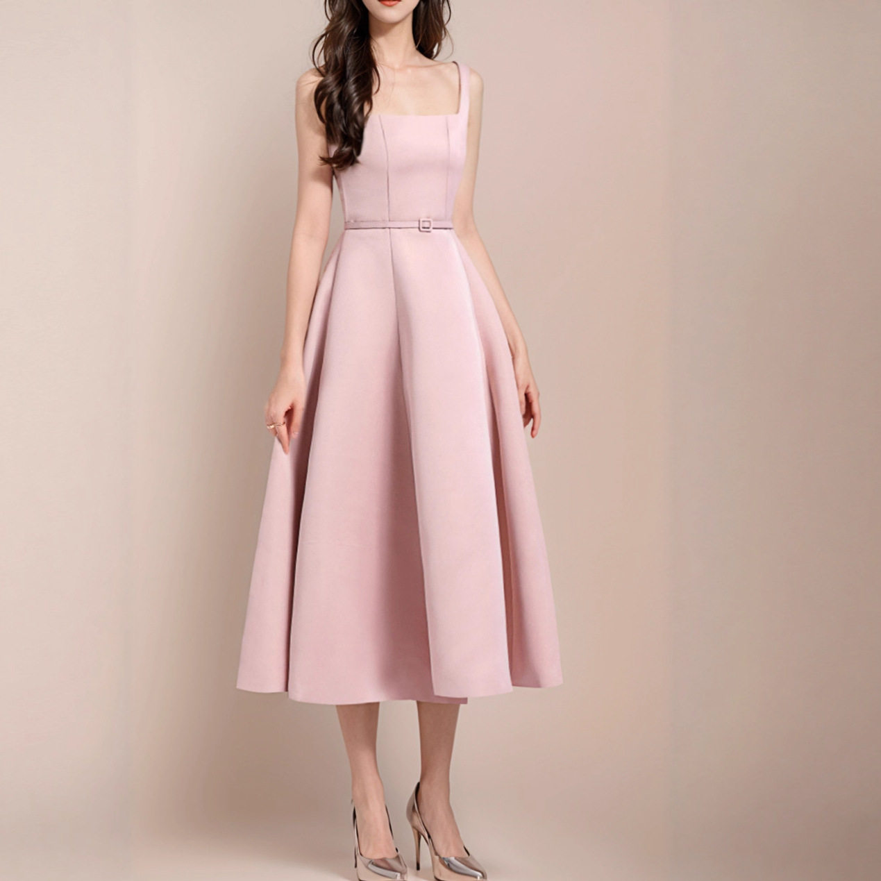 Đầm maxi nữ thắt eo dáng công chúa tay không cổ tròn — Đỏ, Hồng, Đen