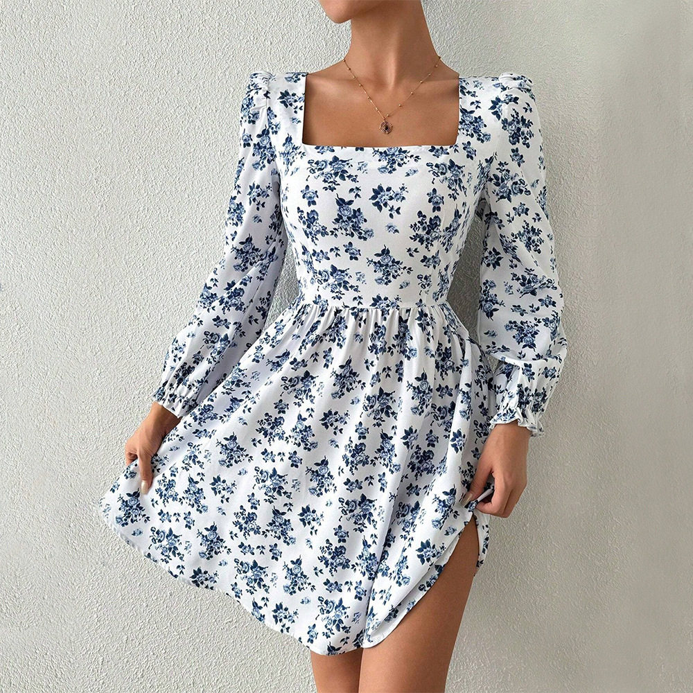 Elegant French Style Square Neck Dress High Waist Backless Floral Print Spring Summer Casual Wear Wholesale