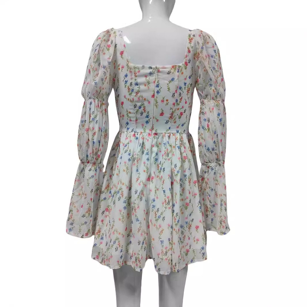 French Vintage Floral Puff Sleeve Dress Square Neck Autumn Collection Elegant Style Wholesale Available