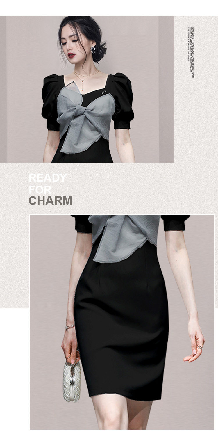 Đầm suông nữ midi tay ngắn cổ vuông chất polyester — Trắng, Đen chi tiết 3