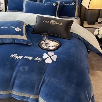 Solid Color Embroidered Milk Velvet Four-Piece Set of Flannel Baby Velvet Bed Sheetss Double-Sided Fleece-Lined Quilt Cover Autumn and Winter Thickeneded Bedding
