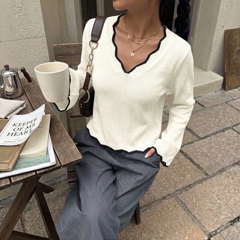 Color Block V Neck Sweater Korean Style Casual Wave Edge Perfect for Fall Winter Wholesale Available