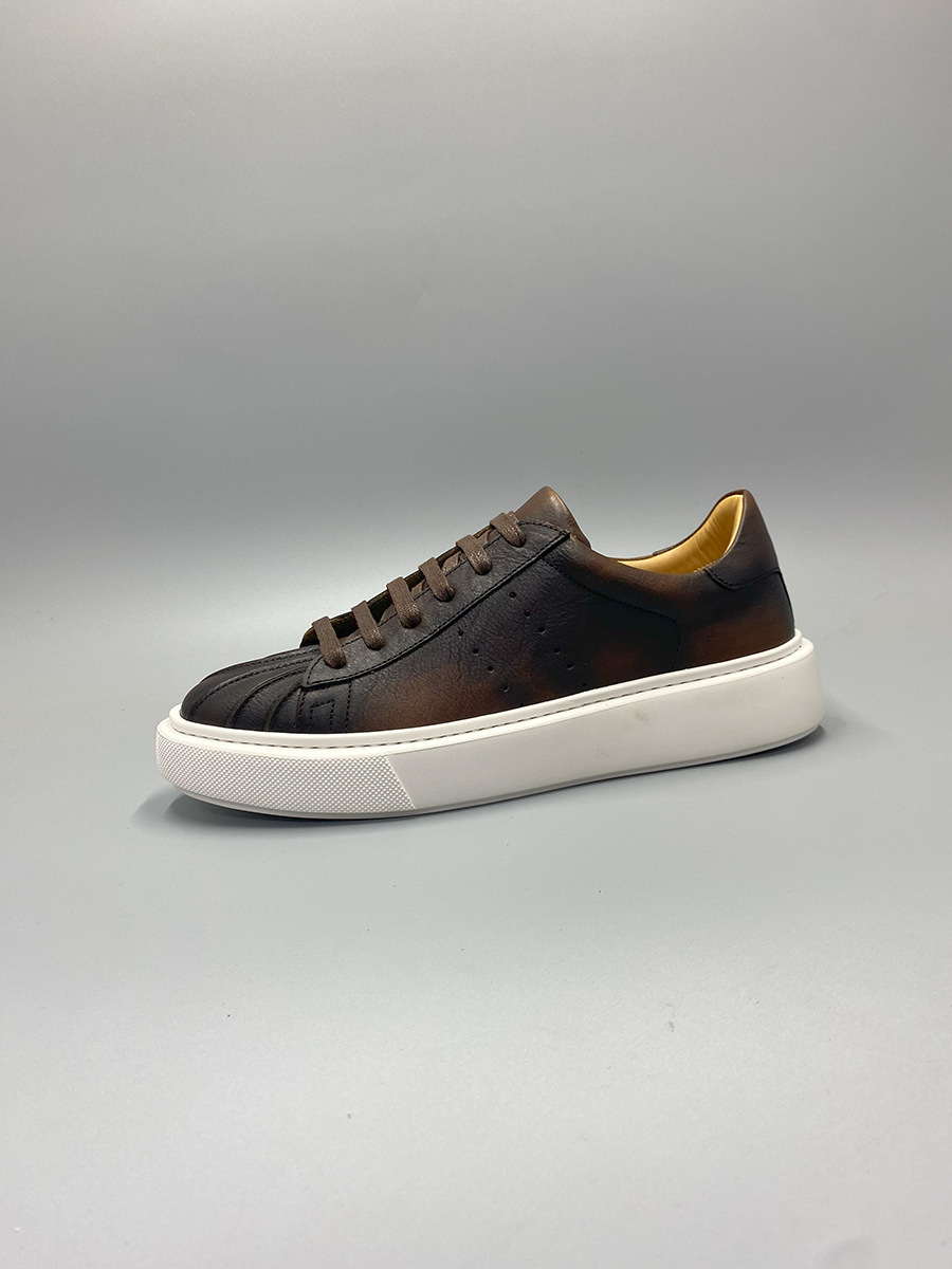 Giày sneaker nam mũi vỏ sò kiểu retro, da thật đánh bóng thủ công — Màu nâu, Màu đen, Màu cà phê
