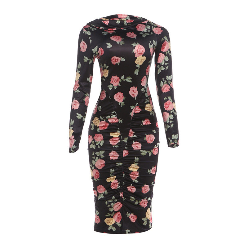 Fashionable Long Sleeve Bodycon Dress Unique Print Ruffled Design Sexy Silhouette Autumn Winter Collection
