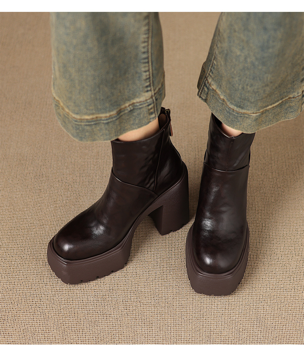 Boot Martin nữ gót thô 12cm đế platform tăng chiều cao, da bò thật — Lớp lót đơn màu đen, Lớp lót đơn màu nâu, Lót nhung đen, Lót nhung màu nâu