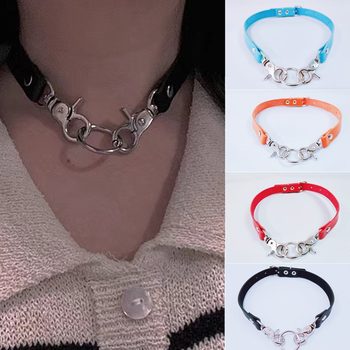 Fashionable and Simple Pu Leather Chain Collar Fashionable Belt Buckle Necklace Punk Harajuku Sexy Ring Necklace Necklace