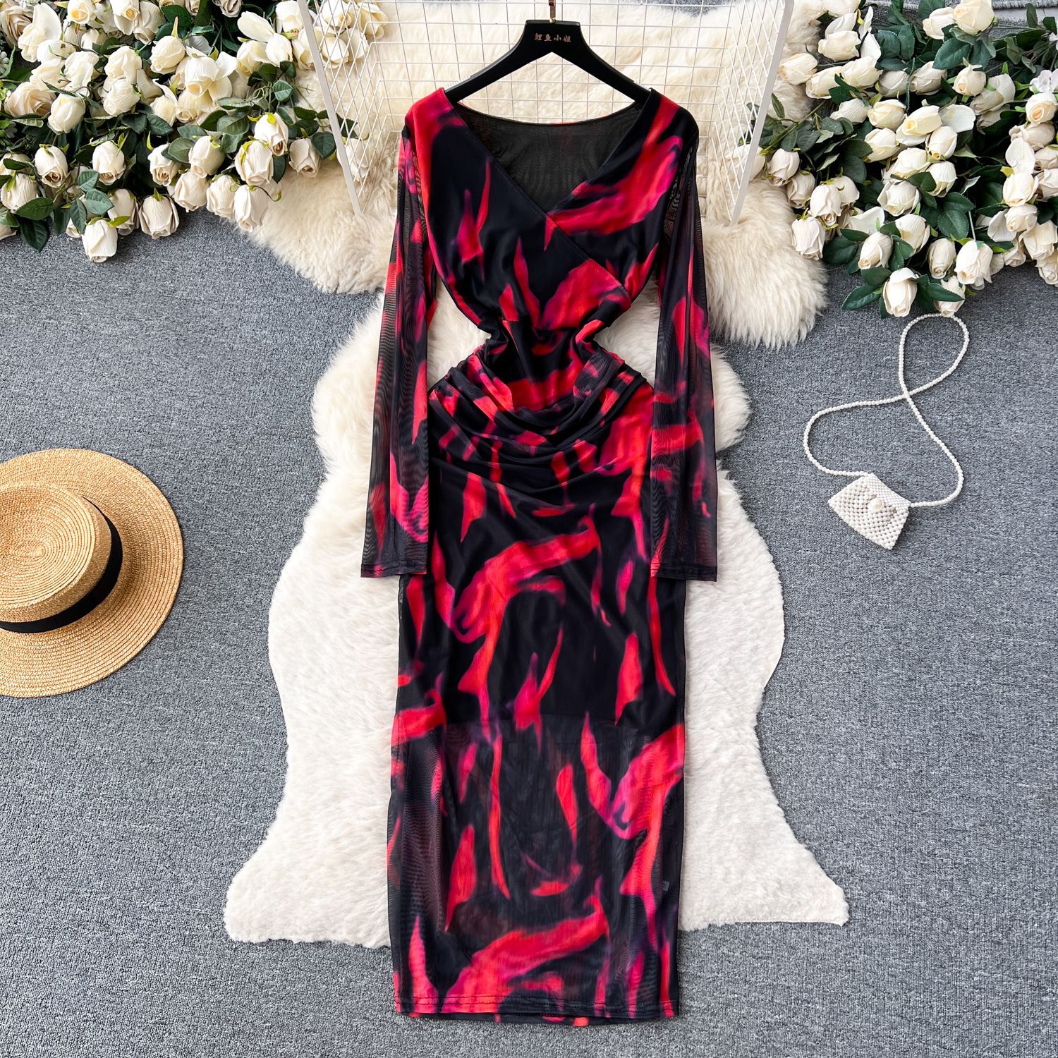 French Style Long Sleeve V Neck Gradient Print Mesh Dress Slim Fit Bodycon Lightweight Autumn Wear Wholesale