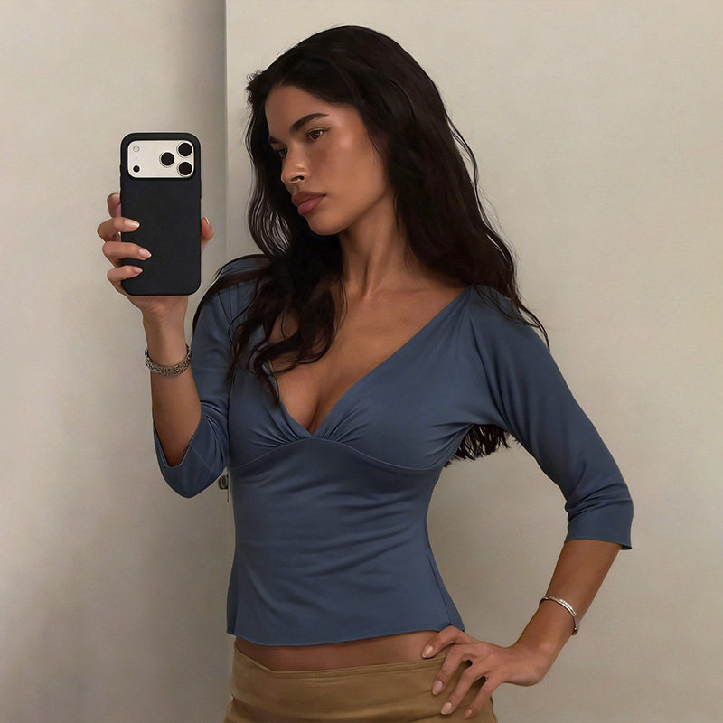 Womens Summer Deep V Neck T Shirt Slim Fit Backless Mid Sleeve Casual Chic Style Wholesale Available