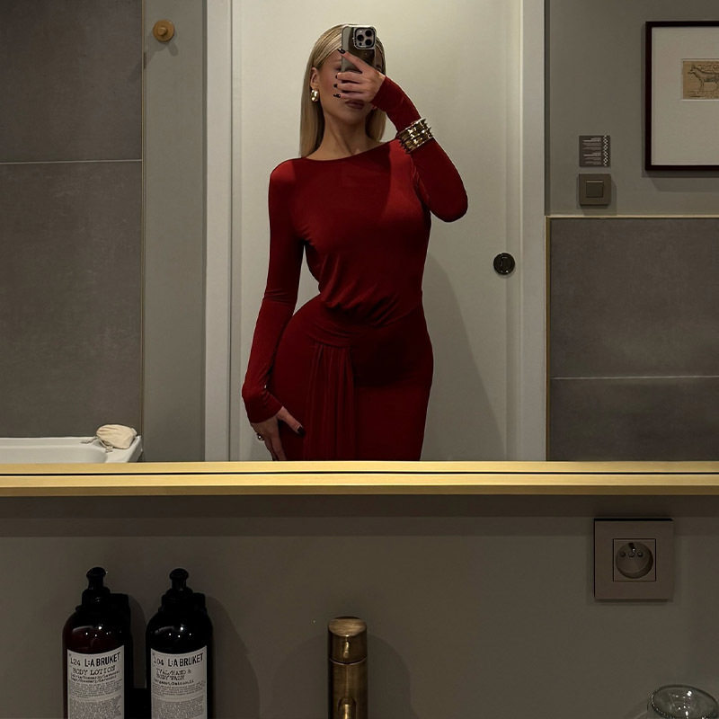 Elegant Long Sleeve Maxi Dress Round Neck Open Back Waist Tie Slim Fit Evening Wear Red Carpet Ready Wholesale