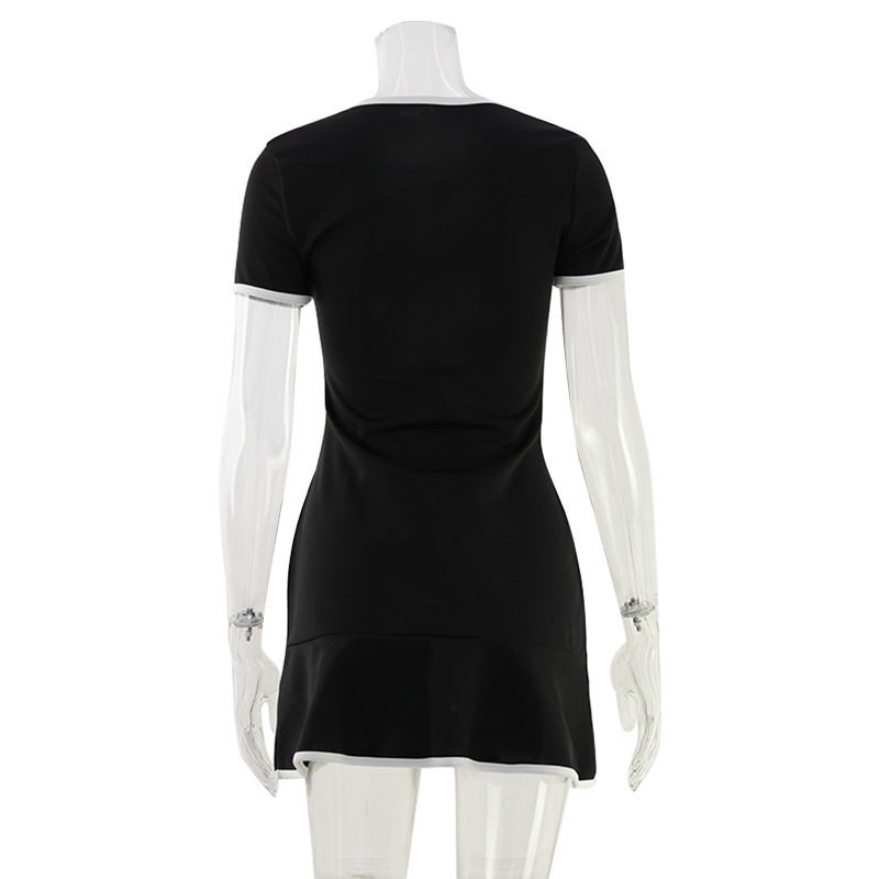 Fashion Womens Dress Round Neck Short Sleeve Color Block Slim Fit Ruffled Hem Casual Summer Wear Wholesale