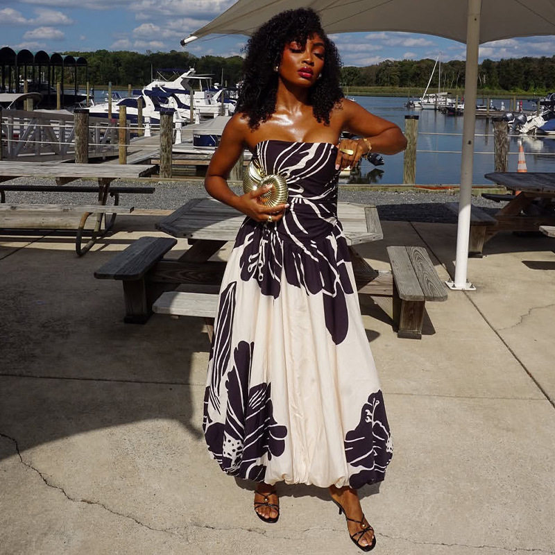 Color Block A Line Dress Black and White Print Off Shoulder Neckline Casual Style Wholesale Available