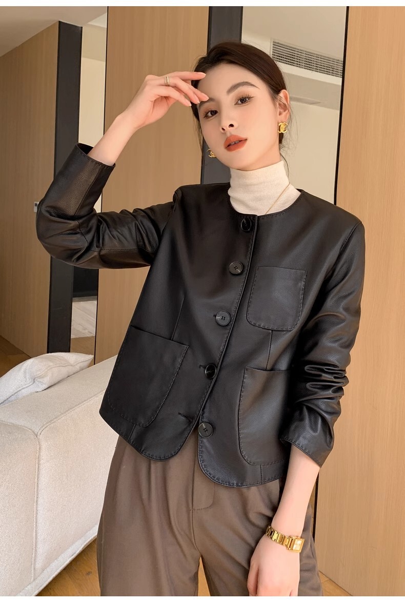 Áo khoác da cừu nữ ngắn cổ tròn phong cách dạo phố — Da cừu màu đen