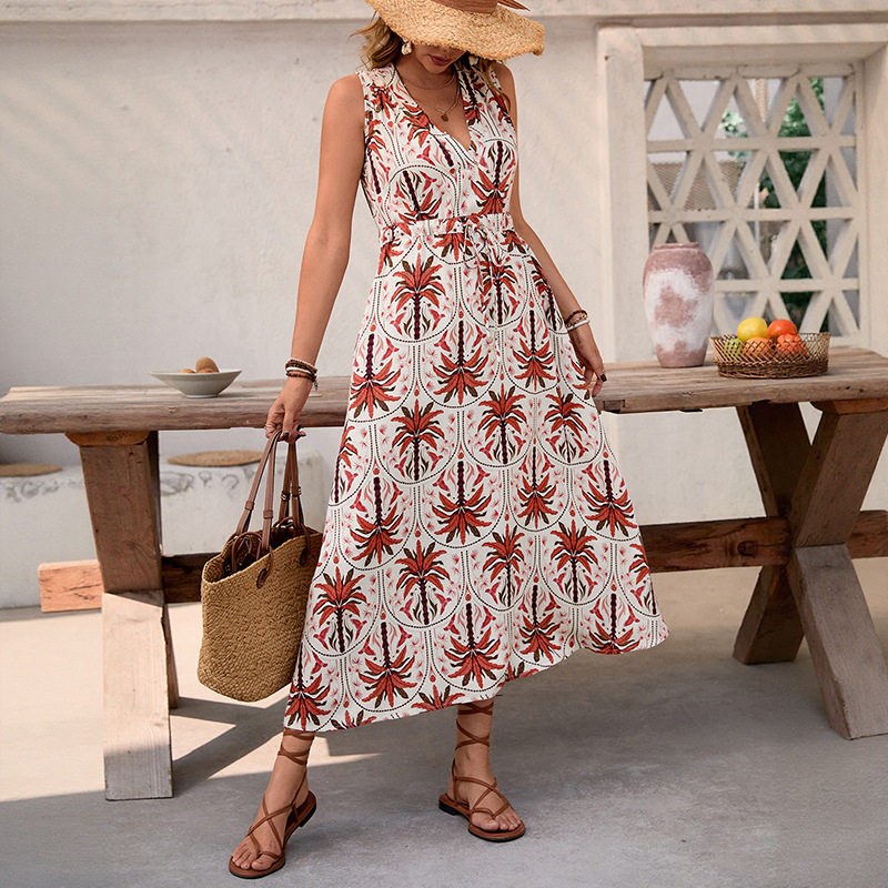Tropical Floral Print Maxi Dress Sleeveless V Neck Flowy Design Perfect for Vacation or Resort Wear Wholesale